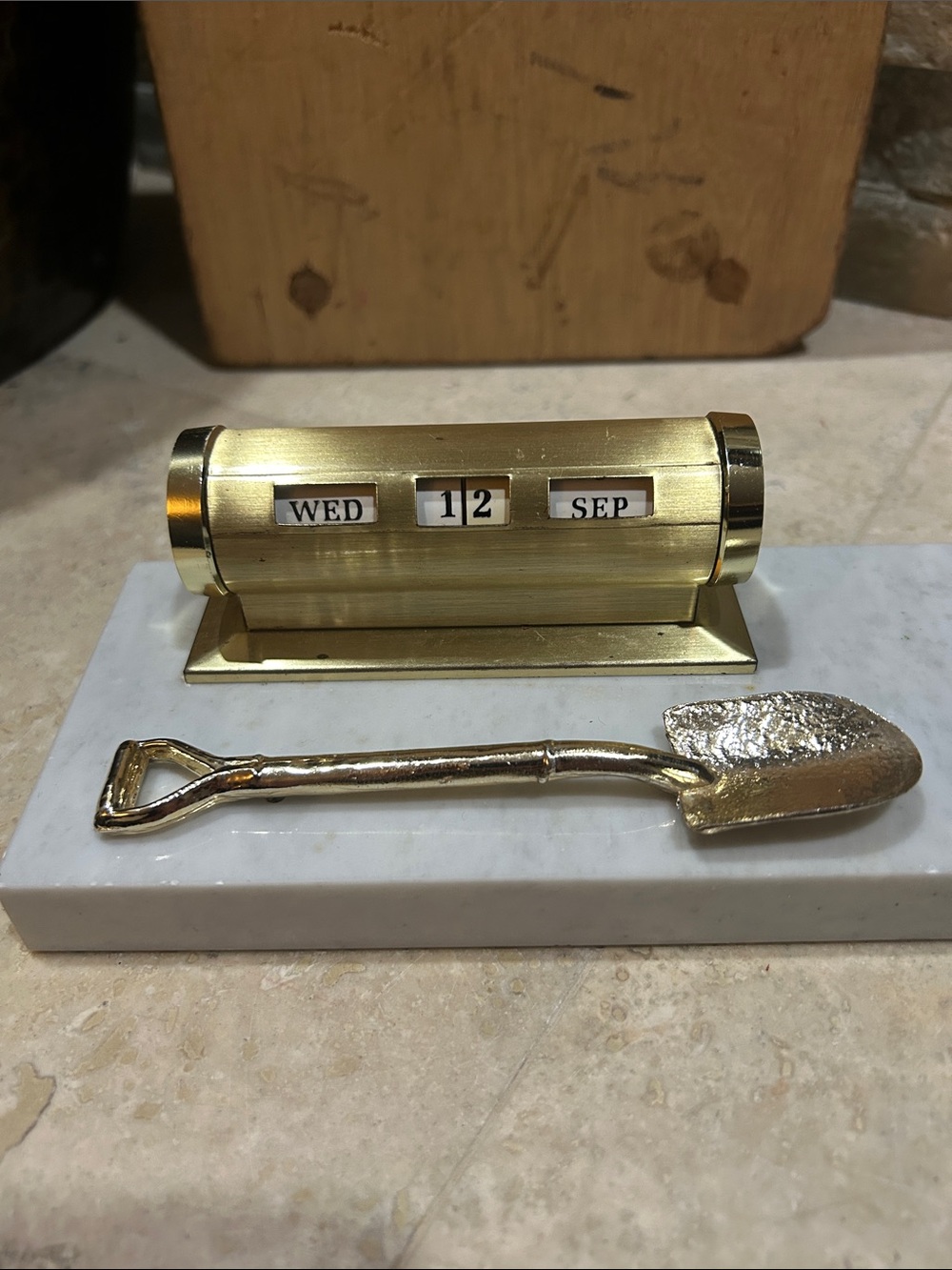 Vintage Brass Desk Perpetual Calendar with Marble Base and Shovel Accent